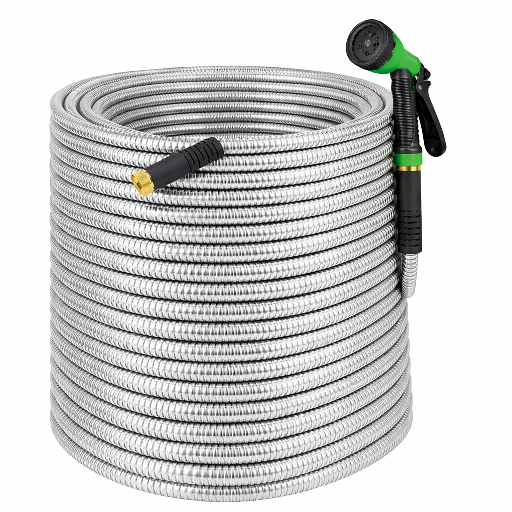 Garvee 150FT Heavy Duty Stainless Steel Garden Hose – Flexible, Kink-Free Metal Water Hose with 10-Function Leak-Proof Spray Nozzle, Sturdy Brass 3/4'' Connectors