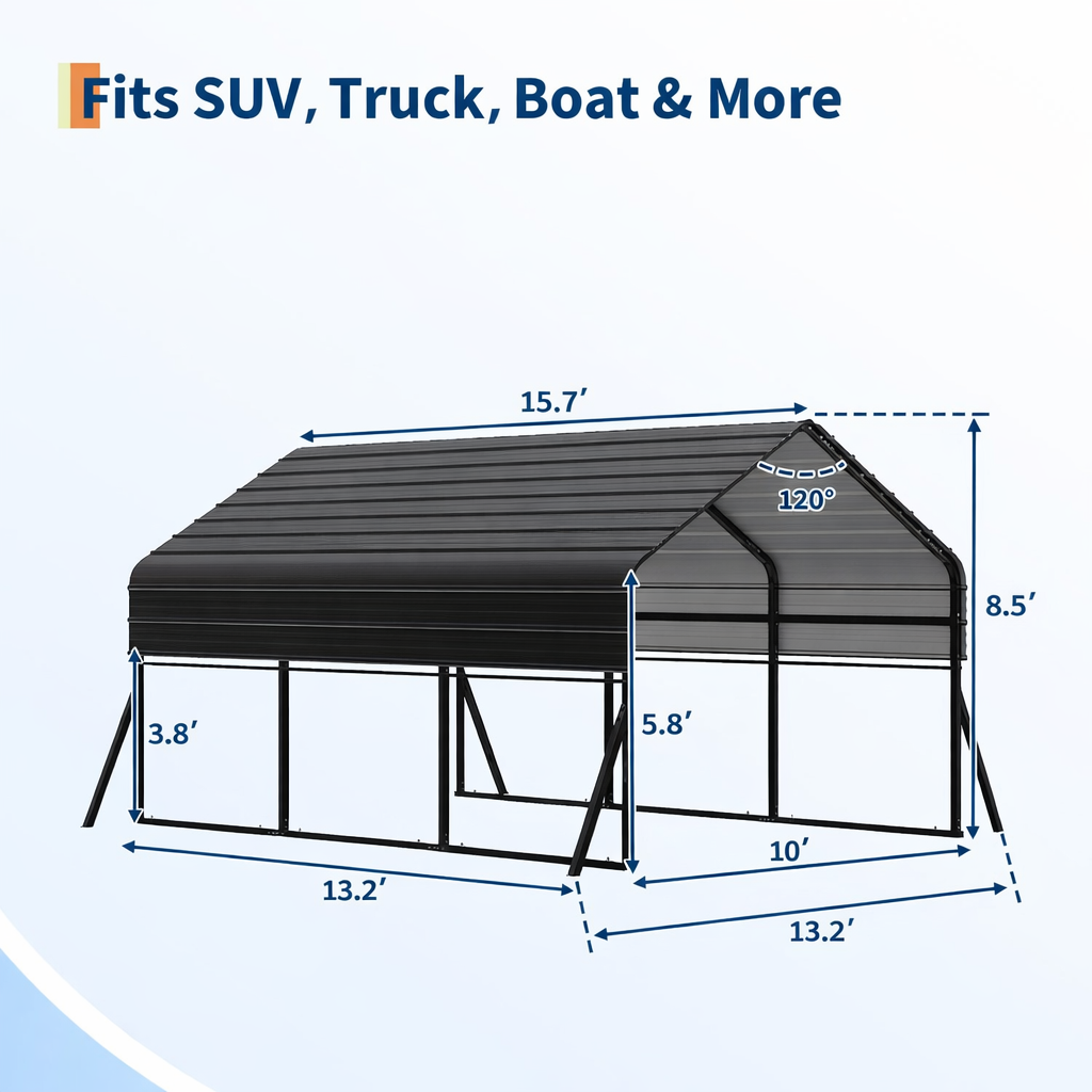 Garvee 10' X 15'  Heavy Duty Metal Carport Kit for Trucks, Boats, RVs, Tractors – Reinforced Frame, Anchors, All-Weather Outdoor Storage Shelter, 100MPH Wind & 35PSF Snow Rated, Quick Assembly