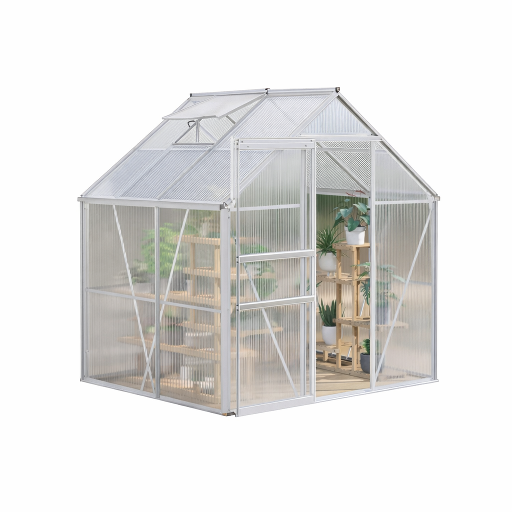 Garvee 6x6 FT Original Color Polycarbonate Greenhouse for Outdoor Use – Heavy Duty Aluminum Frame, Walk-In Design, Lockable Sliding Door, Adjustable Roof Vent, All-Weather Patio, Backyard, Garden Kit