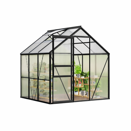 Garvee 6x6 FT Polycarbonate Outdoor Greenhouse – All-Weather Aluminum Frame Kit, Lockable Sliding Door, Adjustable Roof Vent, Rain Gutter, Detachable Three-Bay Structure, Easy Setup for Patio, Backyard
