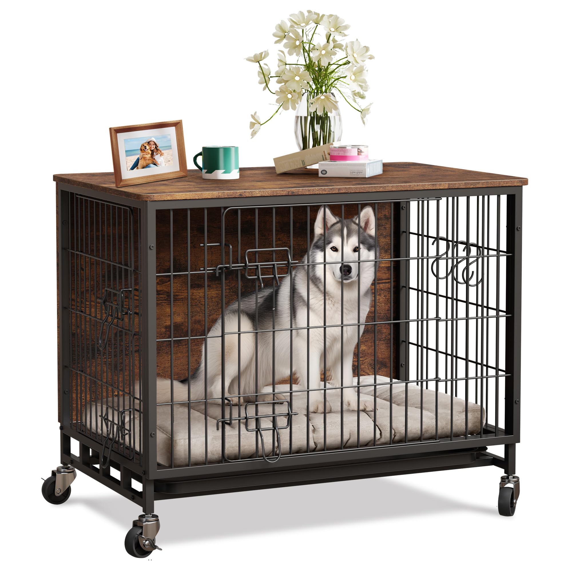 Garvee Dog Crate Furniture, Furniture Style Dog Crate with Removable Tray and Wheels, Heavy-Duty Double-Doors Dog Cage End Table, 27.2" Wooden Dog Kennel, Indoor Dog House, Brown