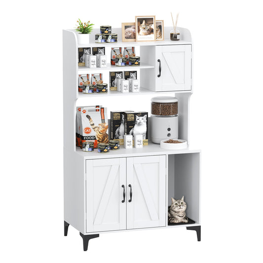 Garvee Cat Litter Box Enclosure, Modern Hidden Cat Litter Box Furniture with 4-Tier Storage Shelves, 2 Cabinets, Cat Litter Mat, Large Wood Indoor Cat House Furniture for Home, White