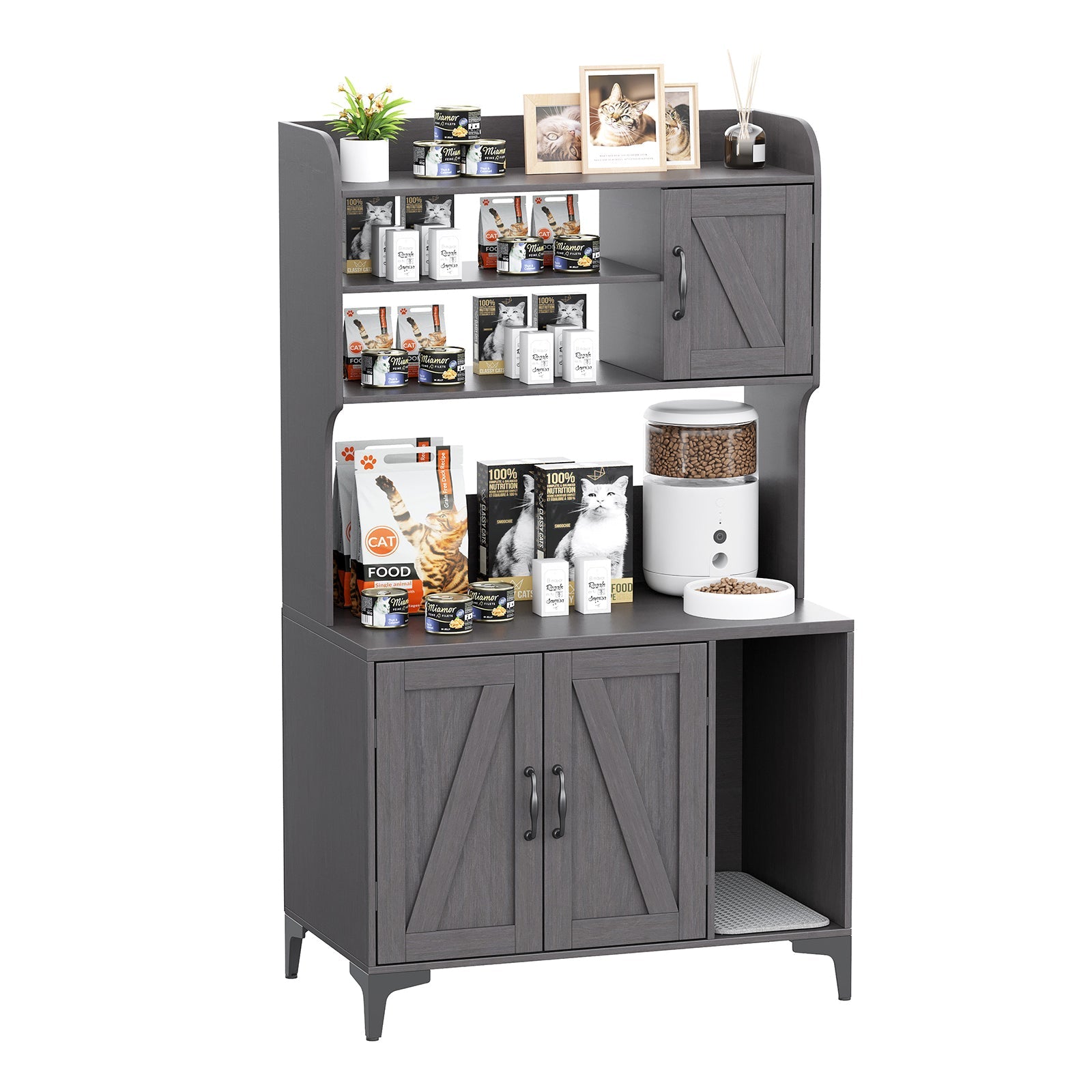 Garvee Cat Litter Box Enclosure, Modern Hidden Cat Litter Box Furniture with 4-Tier Storage Shelves, 2 Cabinets, Cat Litter Mat, Large Wood Indoor Cat House Furniture for Home, Walnut Wood
