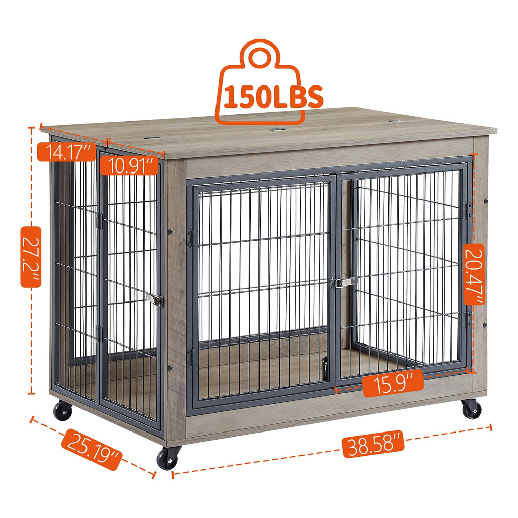 Garvee Dog Crate Furniture Heavy Duty Indoor Dog Cage with Double Doors, Wheels, Lift Top, Wood, Black