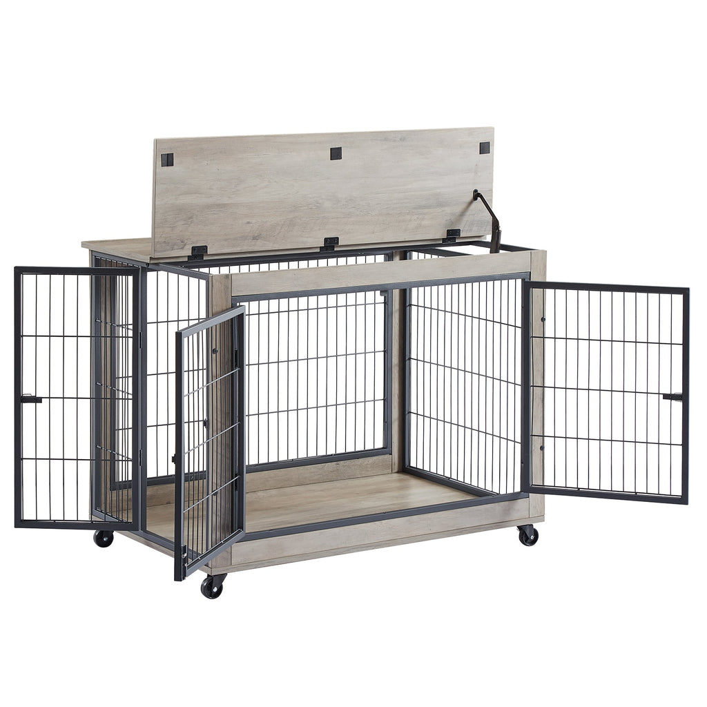Garvee Dog Crate Furniture Heavy Duty Indoor Dog Cage with Double Doors, Wheels, Lift Top, Wood, Black