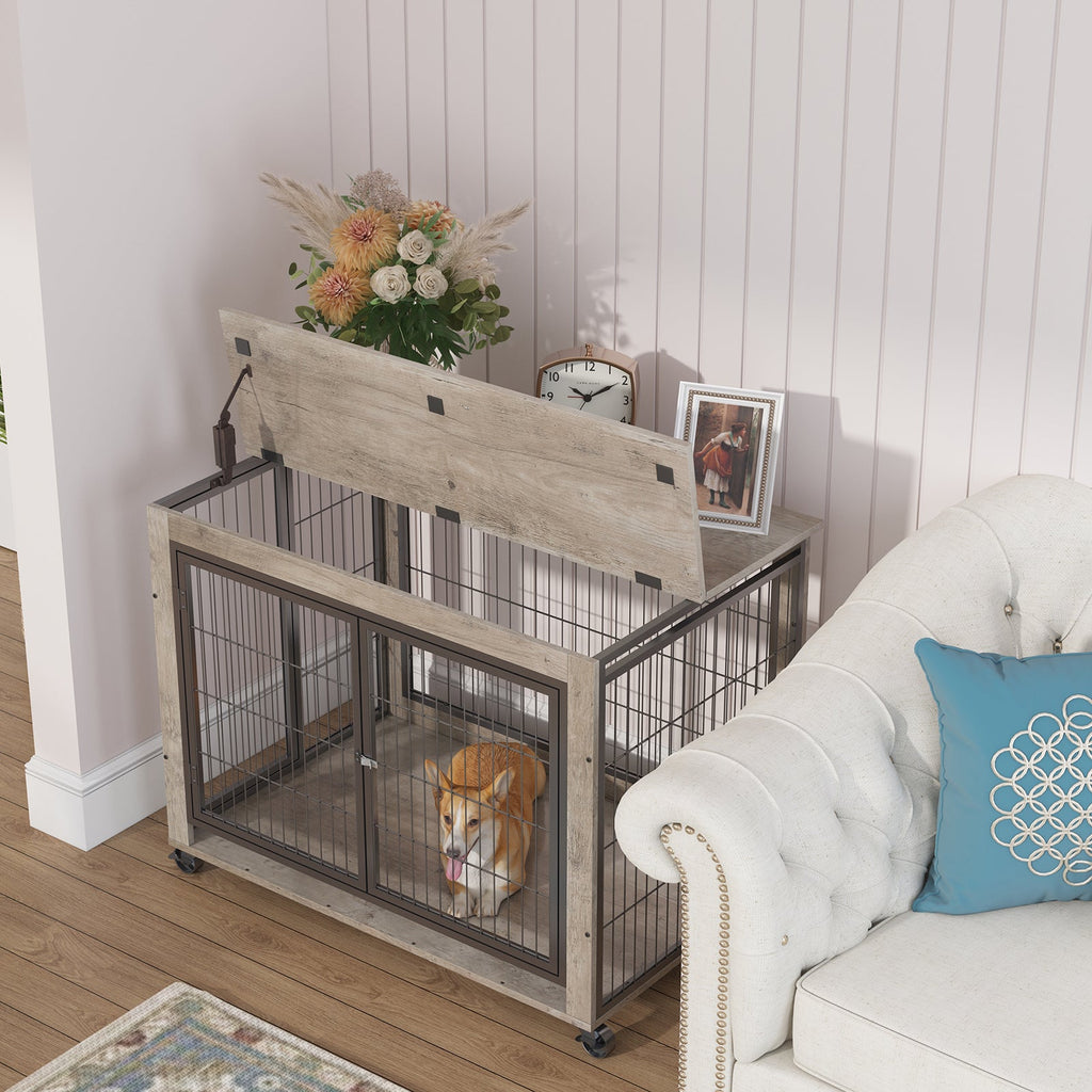 Garvee Dog Crate Furniture Heavy Duty Indoor Dog Cage with Double Doors, Wheels, Lift Top, Wood, Black