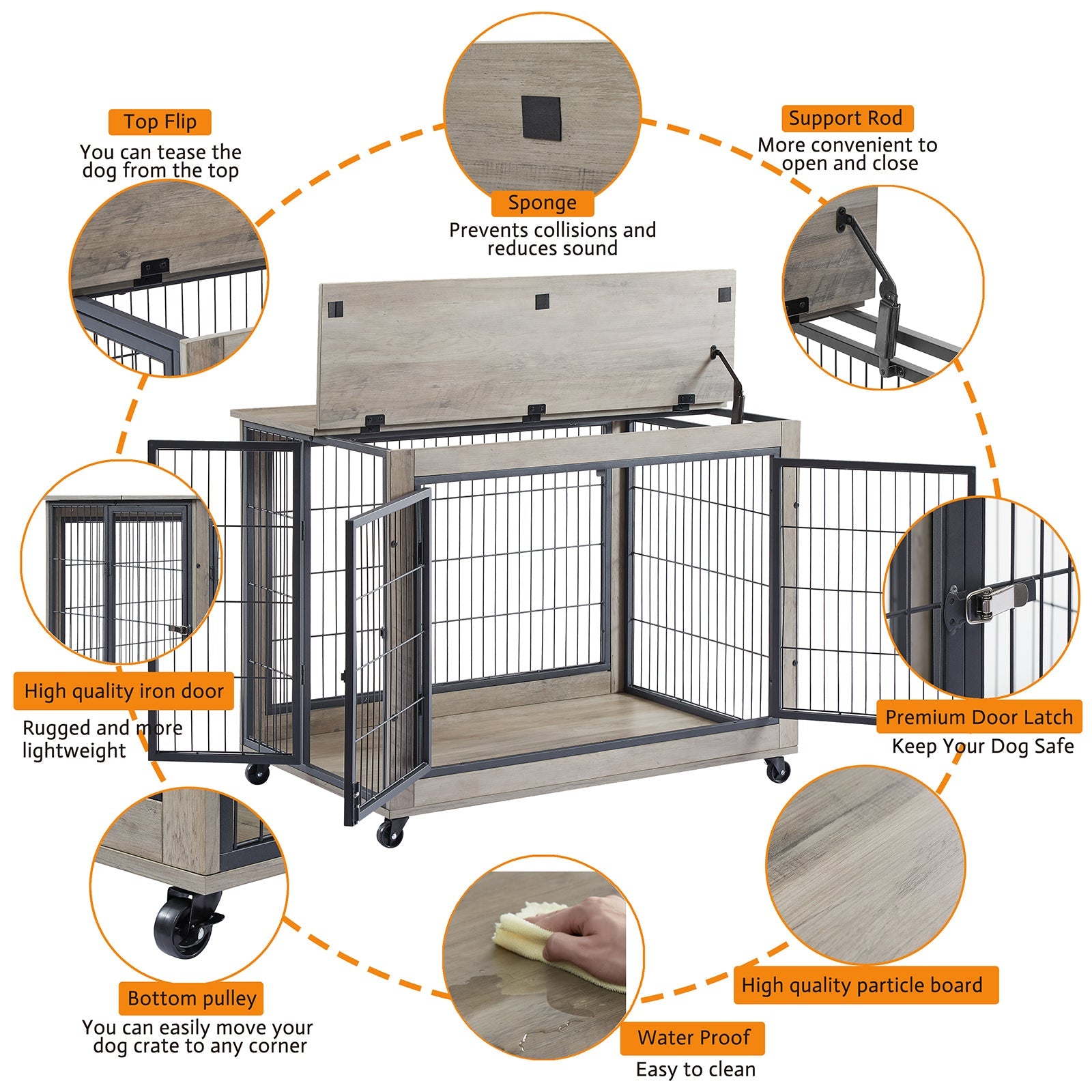 Garvee Dog Crate Furniture Heavy Duty Indoor Dog Cage with Double Doors, Wheels, Lift Top, Wood, Black