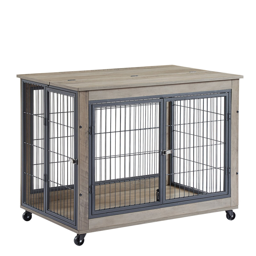 Garvee Dog Crate Furniture Heavy Duty Indoor Dog Cage with Double Doors, Wheels, Lift Top, Wood, Black