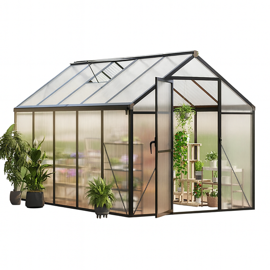 Garvee 6 × 10 ft Walk-In Greenhouse, Polycarbonate Greenhouse with Aluminum Frame, Roof Vent, Gutter System & Lockable Sliding Door for Backyard Garden