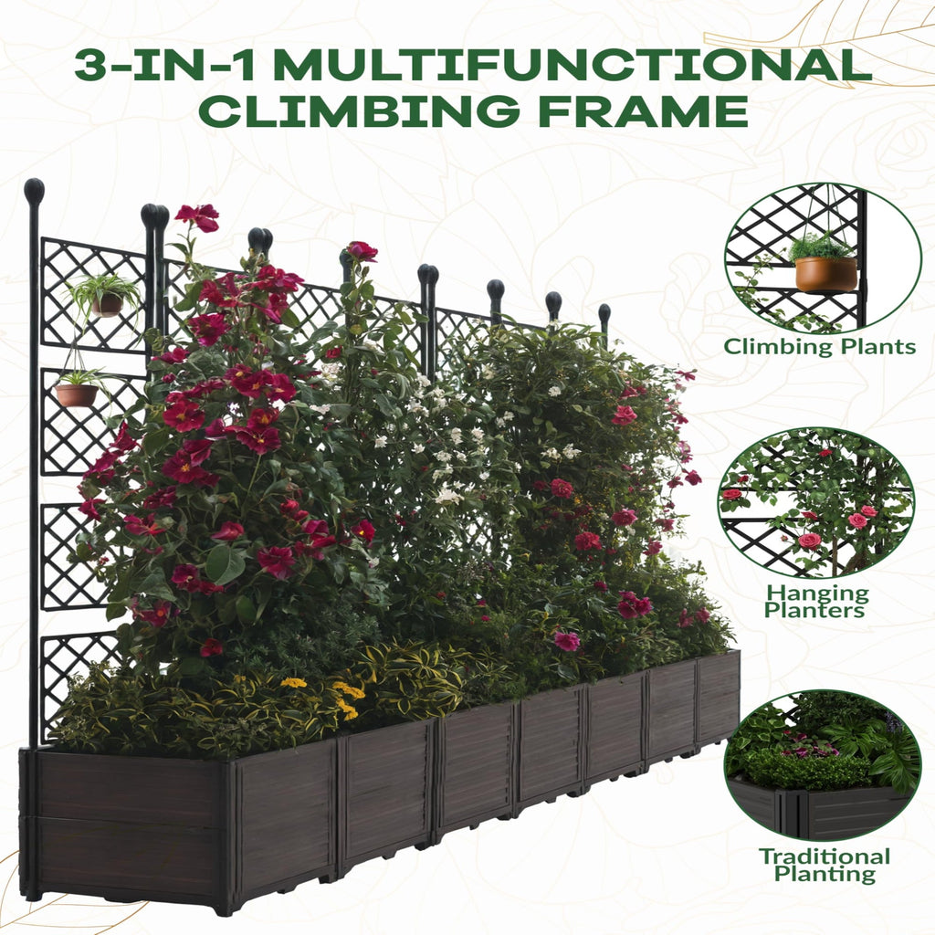 Garvee 7Pcs Plastic Plant Box with Metal Trellis, Raised Garden Bed with Trellis Planter for Climbing Plant Outdoor Raised Planter Box Privacy Screen for Patio Balcony,Planter Box for Backyard Patio