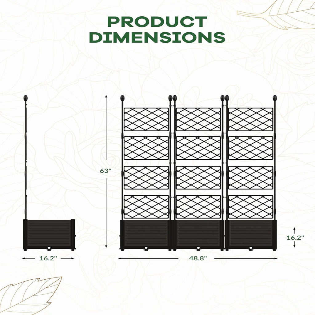 Garvee 3-Pack PP Planter Boxes with Trellis, 48.8" x 16.2" X 63" Modular Red & Privacy Screen, Black