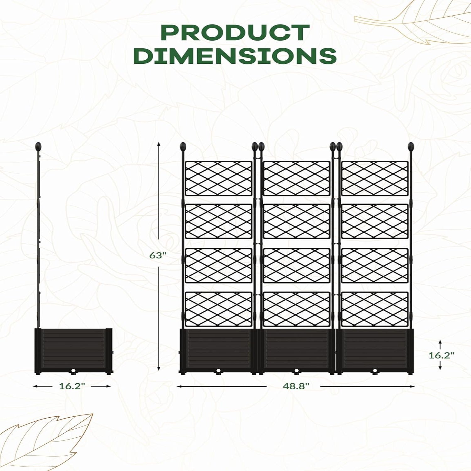 Garvee 3-Pack PP Planter Boxes with Trellis, 48.8" x 16.2" X 63" Modular Red & Privacy Screen, Black