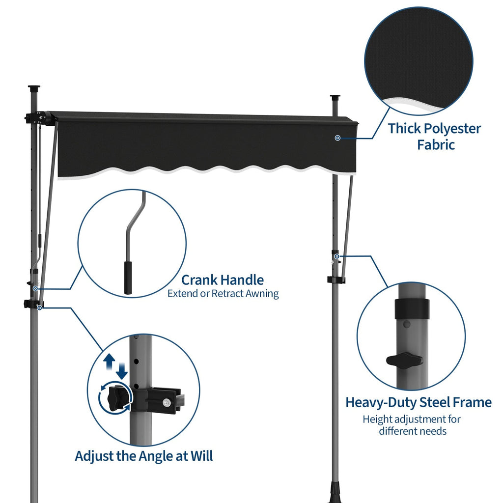 Garvee 118"x118"  Retractable Patio Awning, Manual Outdoor Sunshade, Adjustable Height & Angle, UV Resistant & Water-Resistant, Aluminum Frame, Black