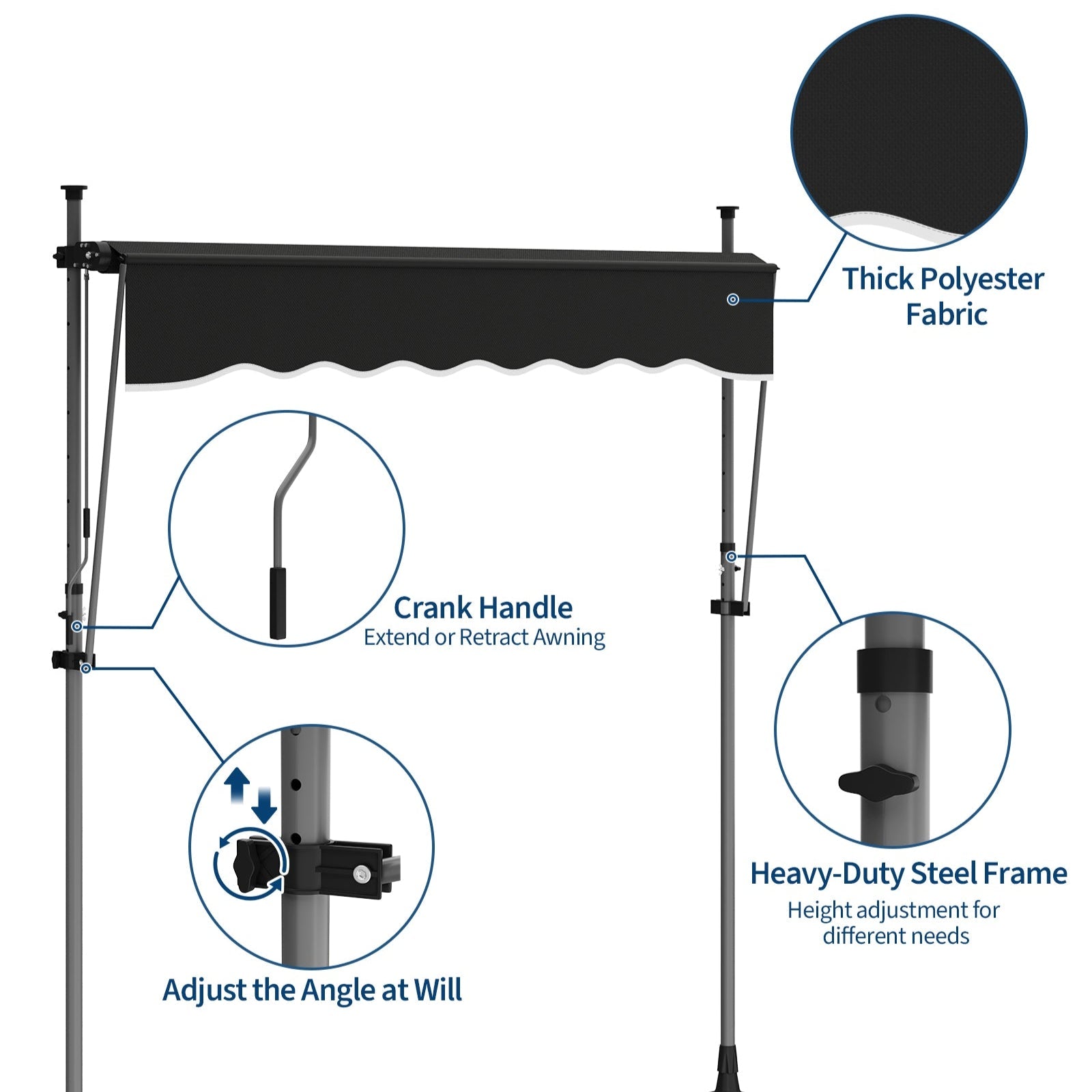 Garvee 118"x118"  Retractable Patio Awning, Manual Outdoor Sunshade, Adjustable Height & Angle, UV Resistant & Water-Resistant, Aluminum Frame, Black