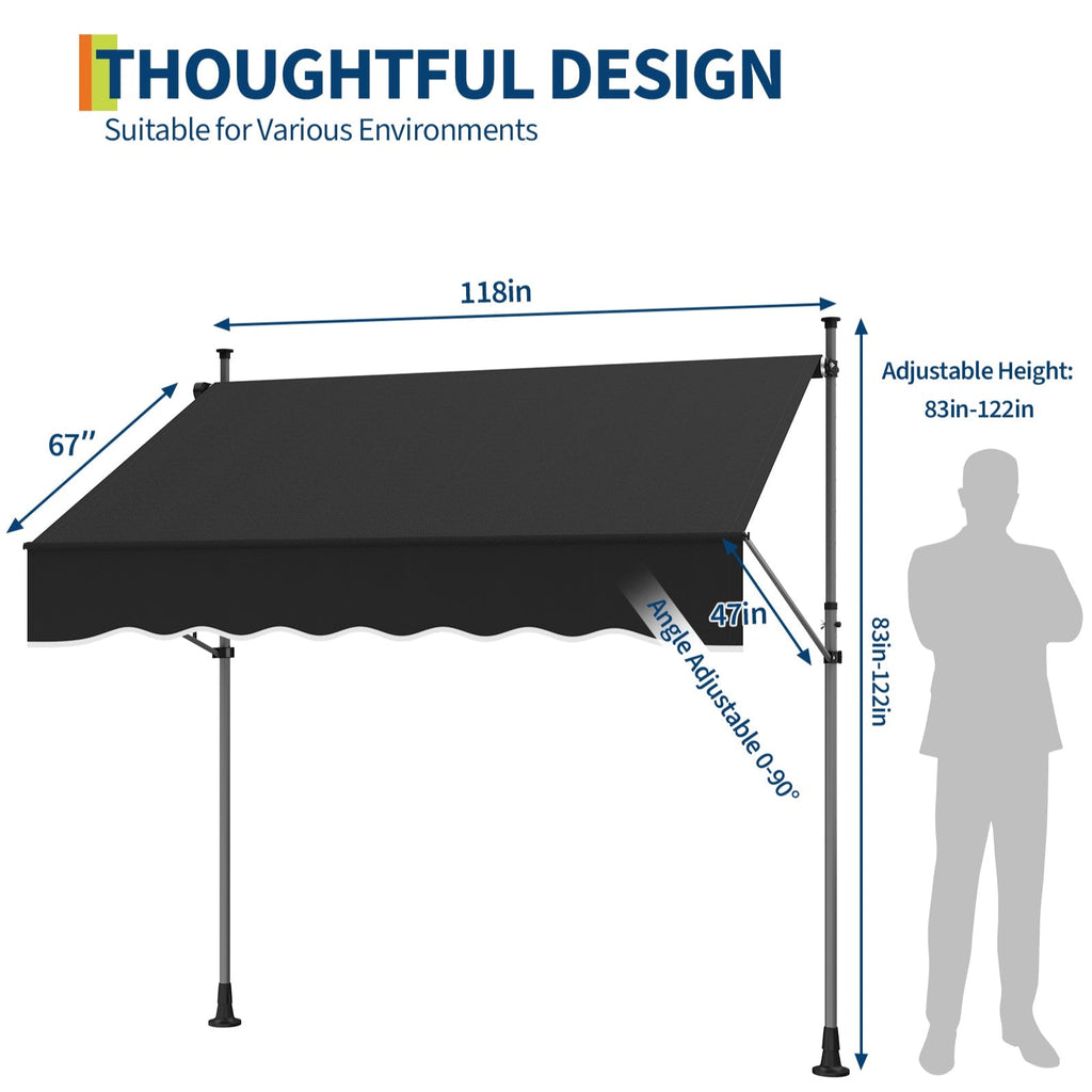 Garvee 118"x118"  Retractable Patio Awning, Manual Outdoor Sunshade, Adjustable Height & Angle, UV Resistant & Water-Resistant, Aluminum Frame, Black