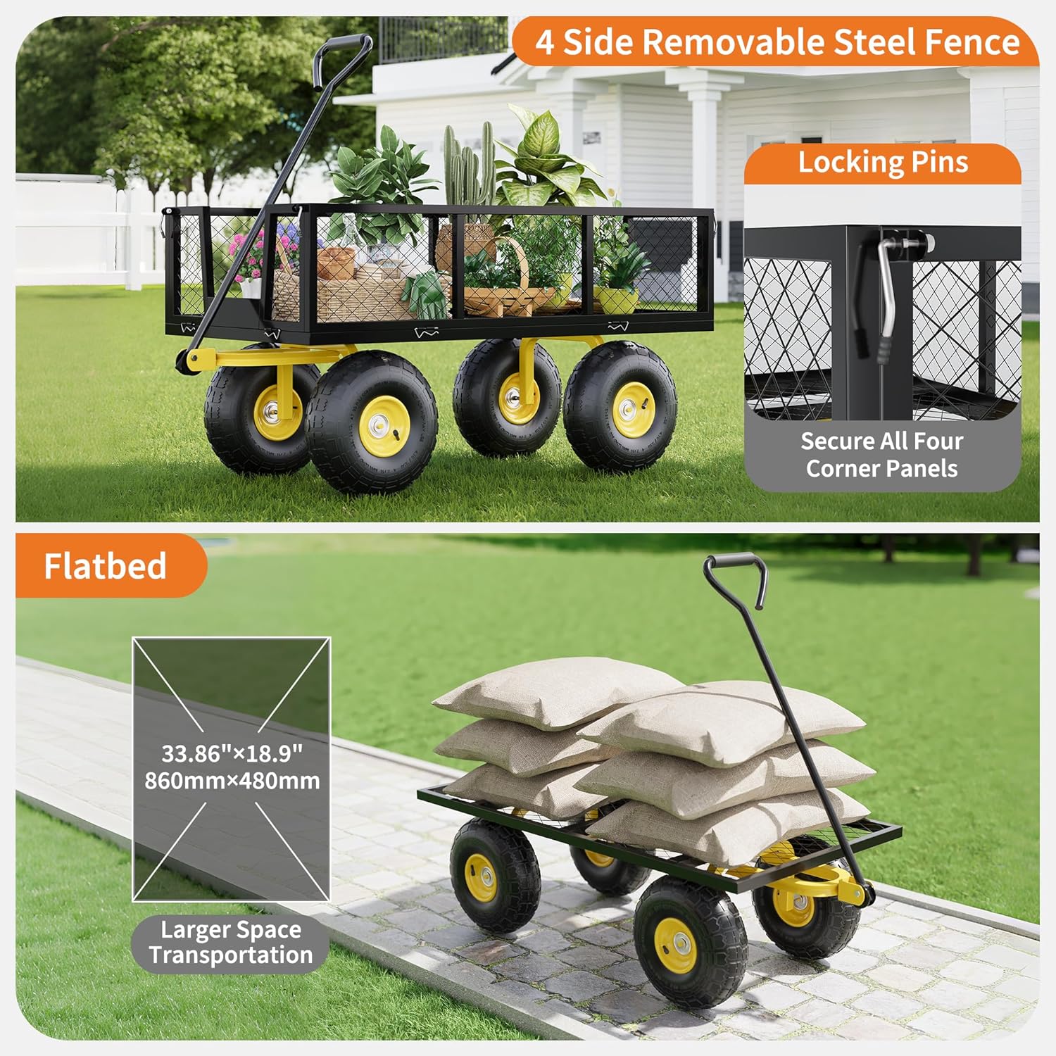 Garvee Heavy Duty Metal Garden Wagon Cart 1400lb Capacity 10" Pneumatic Tires Q235 Steel Powder-Coated 180° Swivel Handle Lawn Yard Patio