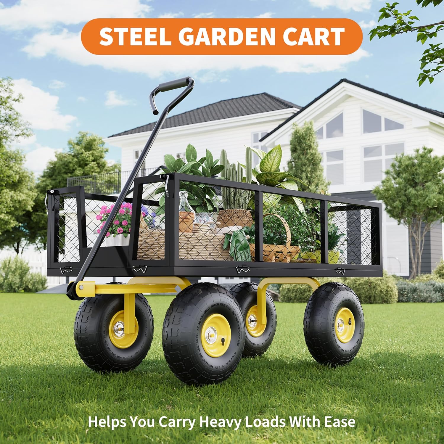 Garvee Heavy Duty Metal Garden Wagon Cart 1400lb Capacity 10" Pneumatic Tires Q235 Steel Powder-Coated 180° Swivel Handle Lawn Yard Patio