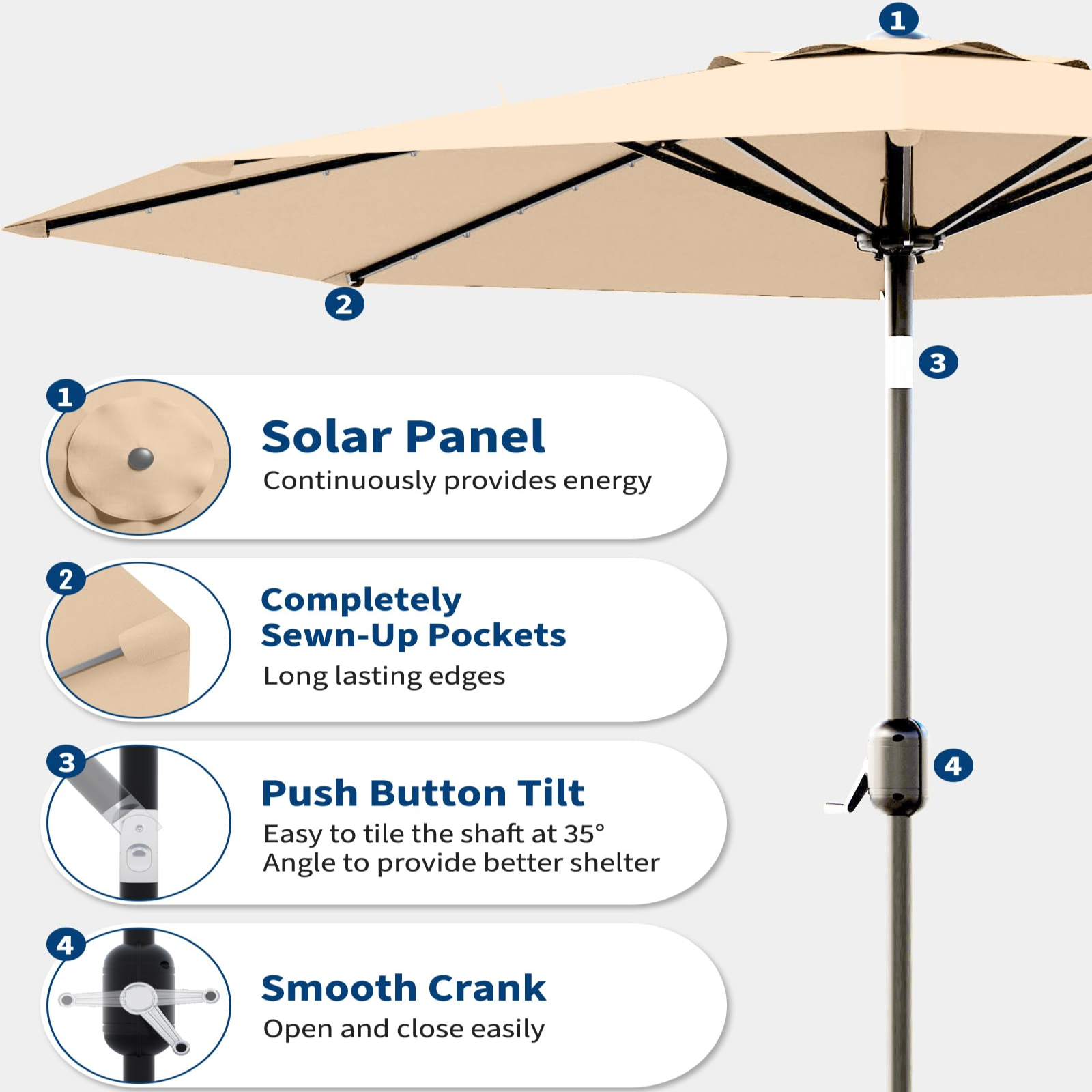Garvee 9FT Solar LED Patio Umbrella with 32 Lights, Tilt & Crank Outdoor Market Umbrella, UV & Water Resistant, 8 Ribs Sunshade for Garden, Deck, Pool & Table, Tan