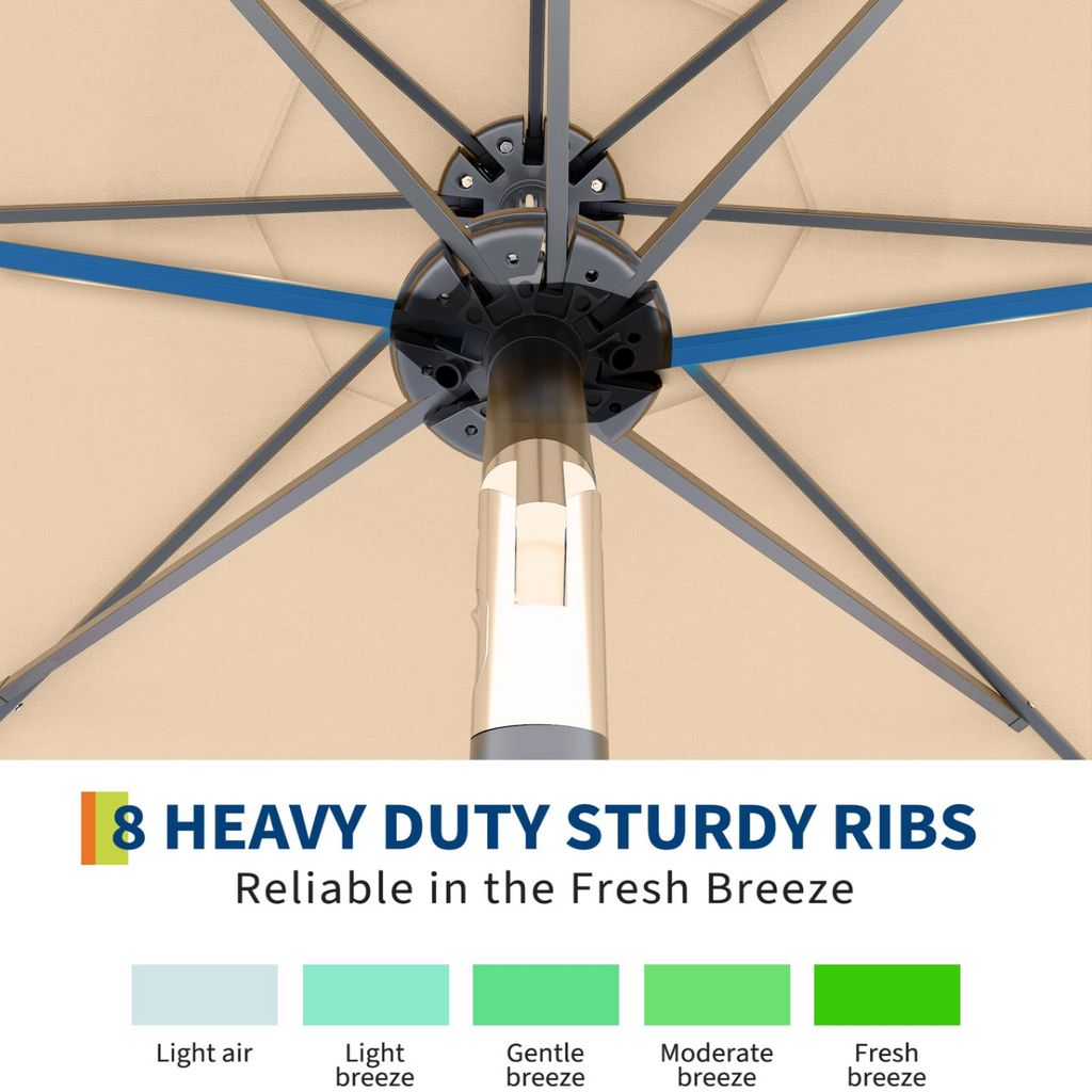 Garvee 9FT Solar LED Patio Umbrella with 32 Lights, Tilt & Crank Outdoor Market Umbrella, UV & Water Resistant, 8 Ribs Sunshade for Garden, Deck, Pool & Table, Tan