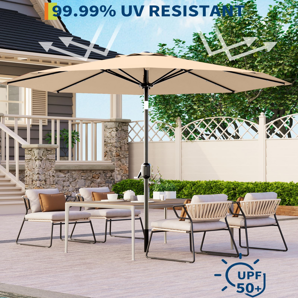 Garvee 9FT Solar LED Patio Umbrella with 32 Lights, Tilt & Crank Outdoor Market Umbrella, UV & Water Resistant, 8 Ribs Sunshade for Garden, Deck, Pool & Table, Tan