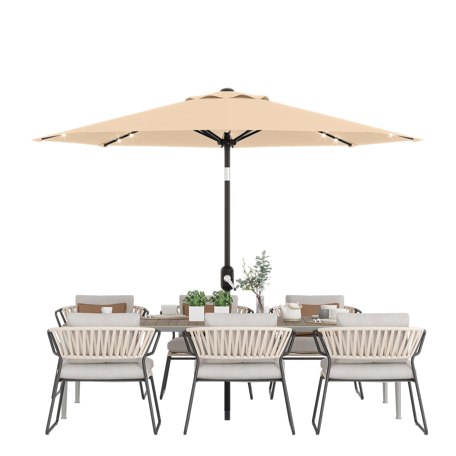 Garvee 9FT Solar LED Patio Umbrella with 32 Lights, Tilt & Crank Outdoor Market Umbrella, UV & Water Resistant, 8 Ribs Sunshade for Garden, Deck, Pool & Table, Tan