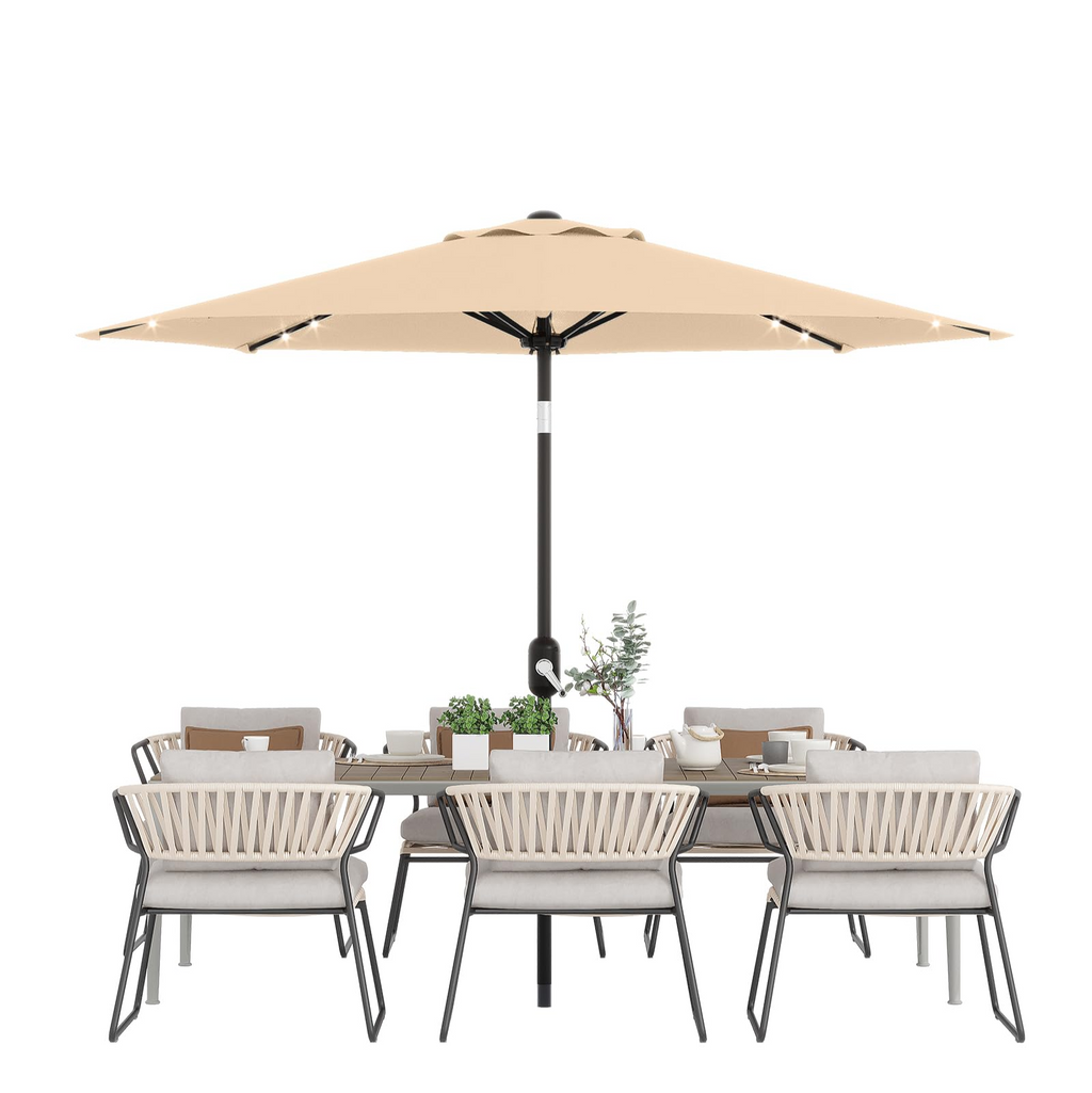 Garvee 10 ft Solar Patio Umbrella, 40 LED Outdoor Market Umbrella with Crank Lift, Push-Button Tilt, 8 Steel Ribs & Vented Canopy, Tan