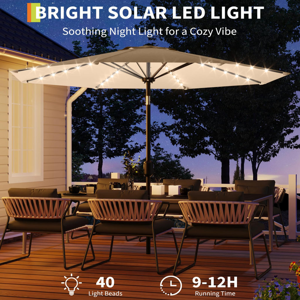 Garvee 9FT Solar LED Patio Umbrella with 32 Lights, Tilt & Crank Outdoor Market Umbrella, UV & Water Resistant, 8 Ribs Sunshade for Garden, Deck, Pool & Table, Tan