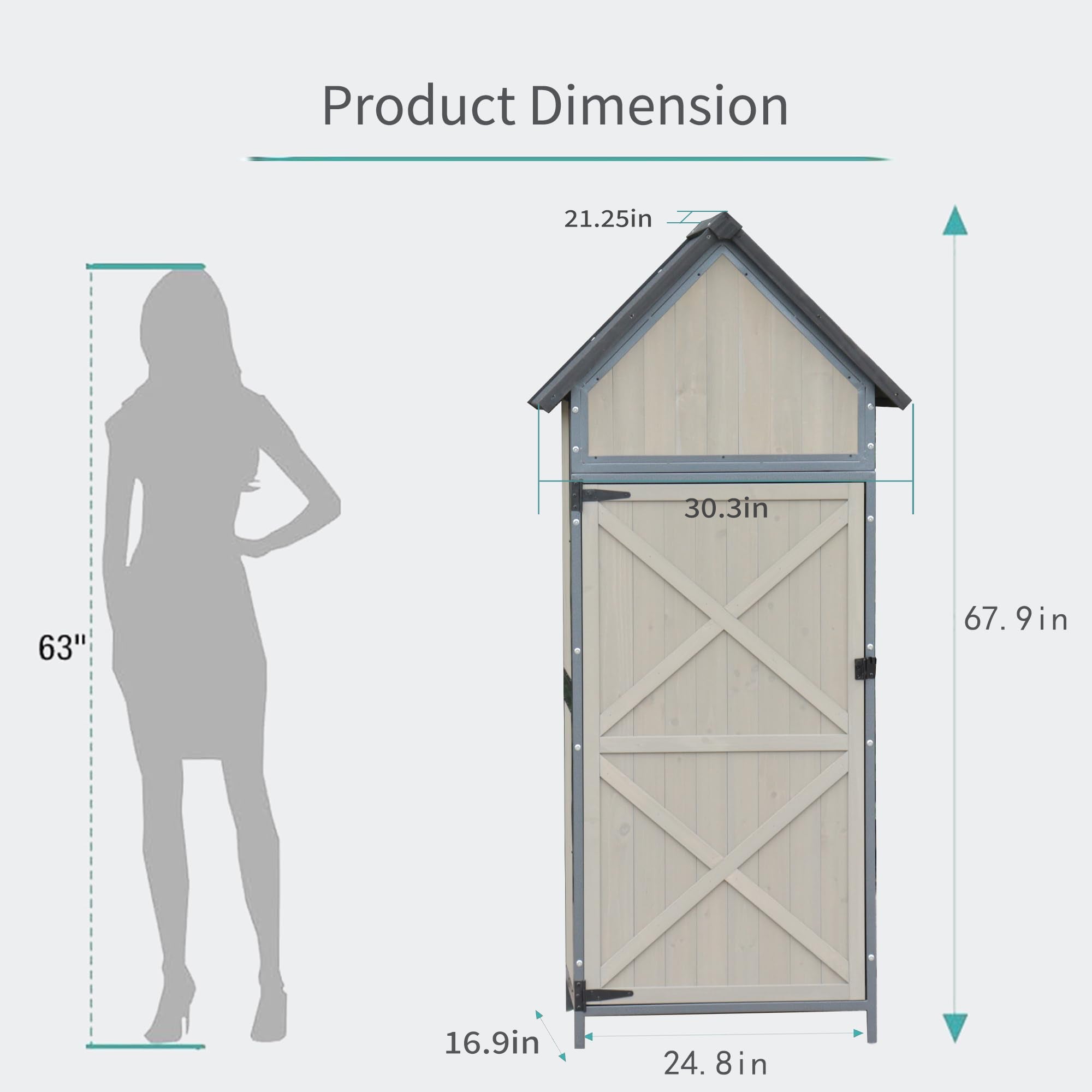 Garvee Large Capacity Wooden Tool Shed with Metal Frame & Pointed Roof - 3-Tier Adjustable Shelves Outdoor Storage Cabinet - Waterproof Garden Shed for Lawn Mowers, Yard Tools, Gray