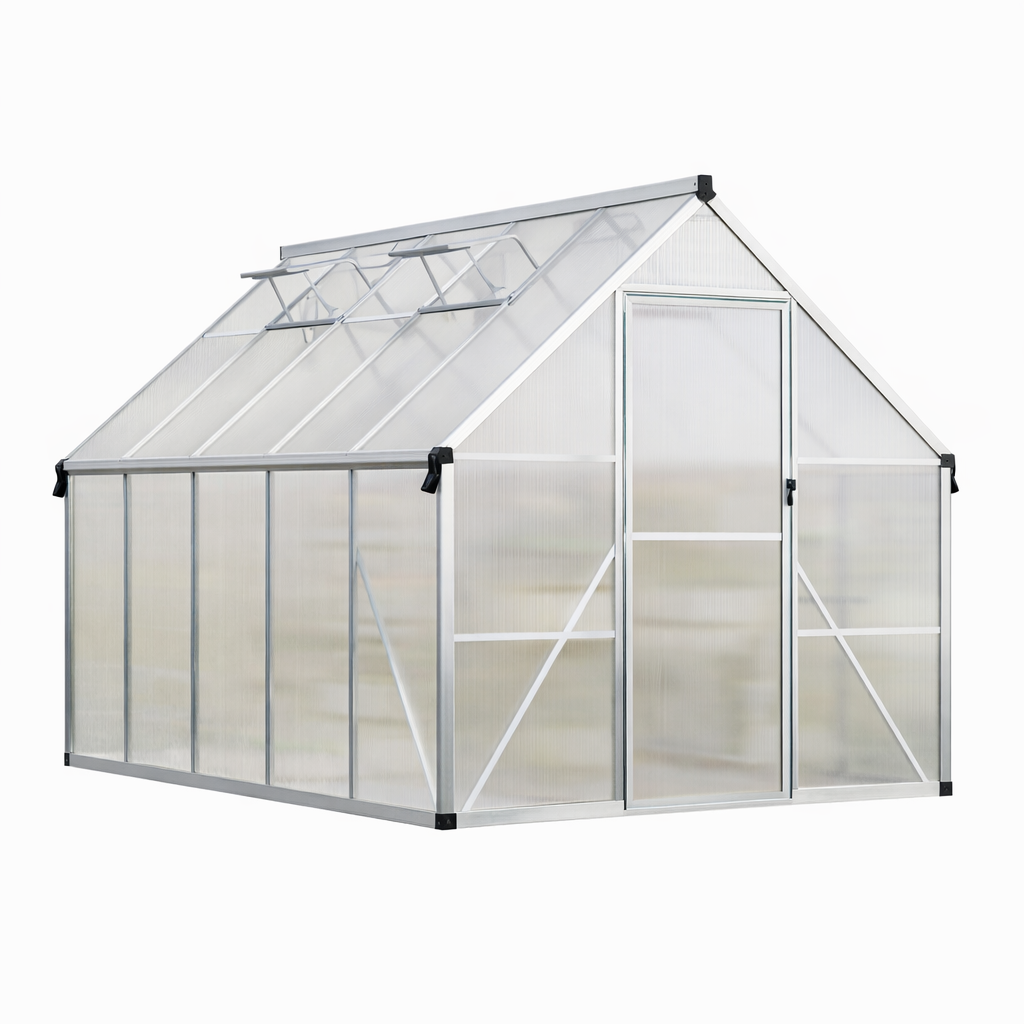 Garvee 8' × 10' Polycarbonate Greenhouse, Walk-In Aluminum Greenhouse with Lockable Door, Roof Vent, Rain Gutters & Reinforced Frame, Silver