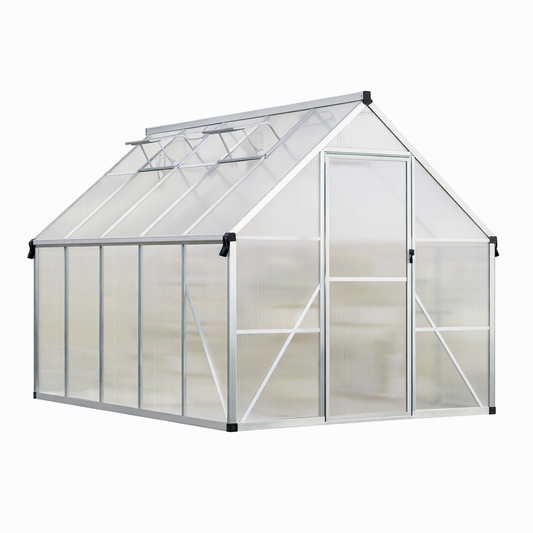 Garvee 8' × 10' Polycarbonate Greenhouse, Walk-In Aluminum Greenhouse with Lockable Door, Roof Vent, Rain Gutters & Reinforced Frame, Silver