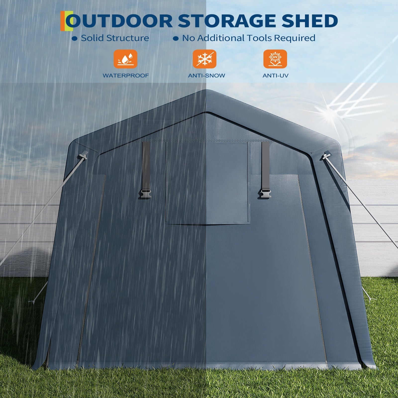 Garvee Portable Outdoor Storage Shed 6x6 FT with Dual Roll-Up Zipper Doors & Vents, 240G Heavy-Duty Waterproof PE Tarp, UV-Resistant Steel Frame, Gray, Motorcycle & Tool Shelter