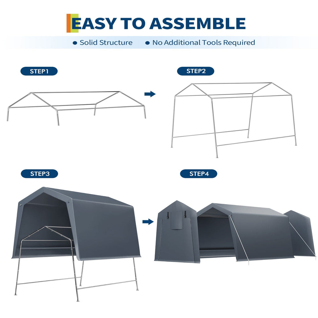 Garvee Portable Outdoor Storage Shed 6x6 FT with Dual Roll-Up Zipper Doors & Vents, 240G Heavy-Duty Waterproof PE Tarp, UV-Resistant Steel Frame, Gray, Motorcycle & Tool Shelter