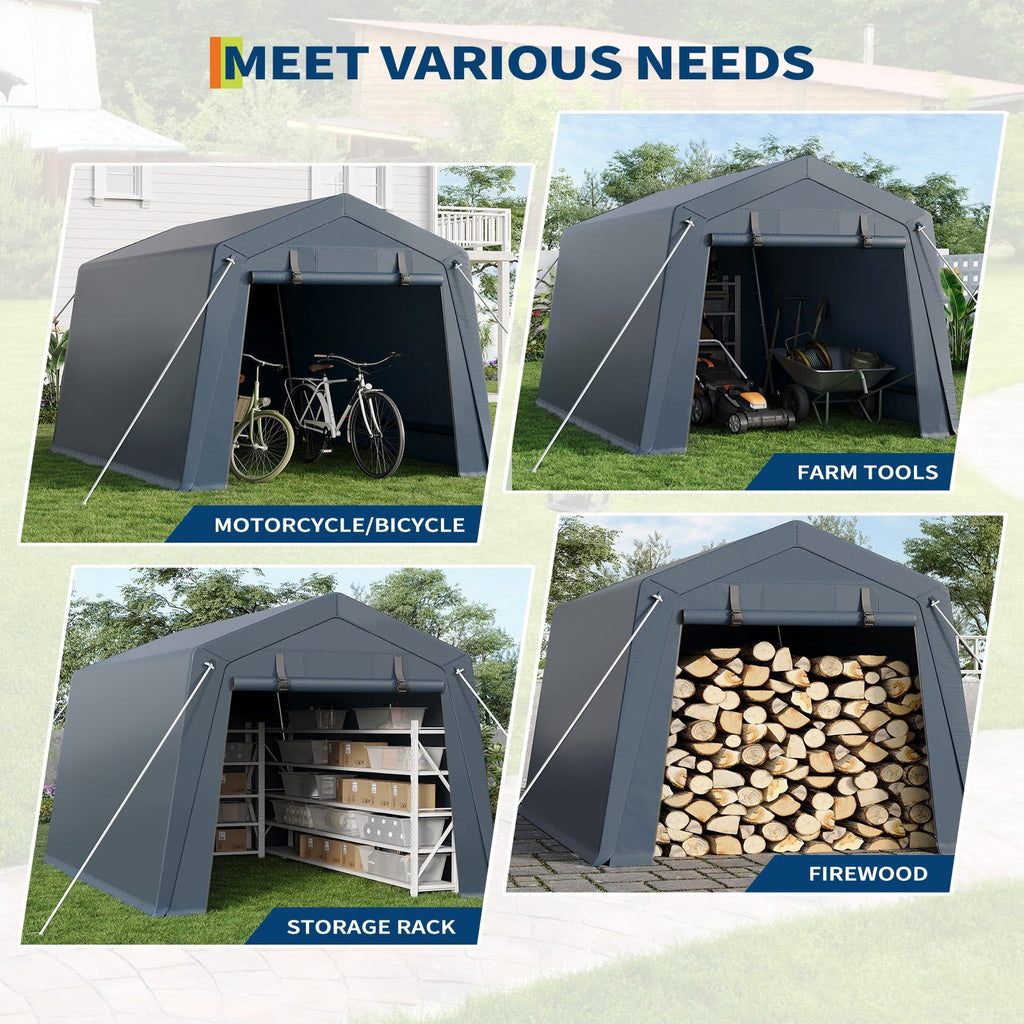 Garvee Portable Outdoor Storage Shed 6x8 FT with Dual Zipper Doors & Vents, 240G Waterproof PE Tarp, Heavy-Duty Steel Frame, UV-Resistant Gray, Carport for Motorcycle & Tools
