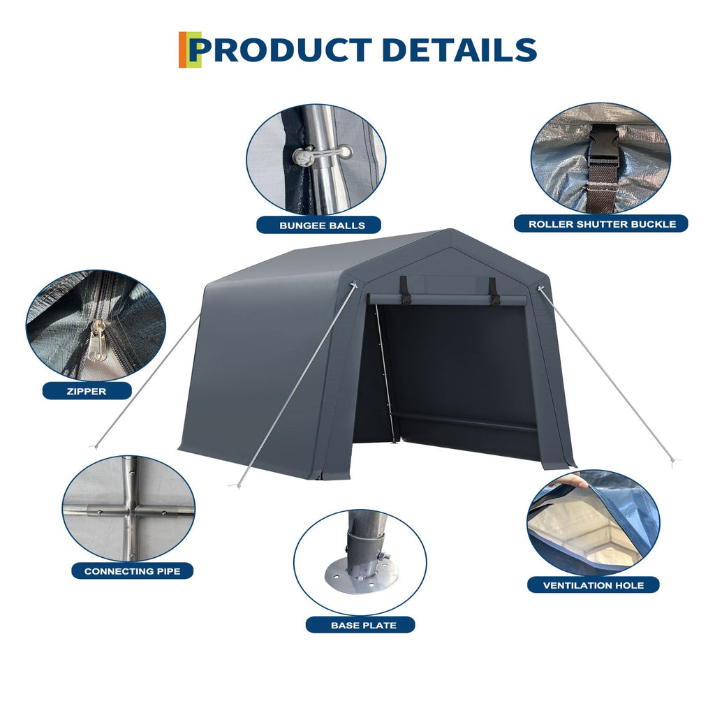 Garvee Portable Outdoor Storage Shed 6x8 FT with Dual Zipper Doors & Vents, 240G Waterproof PE Tarp, Heavy-Duty Steel Frame, UV-Resistant Gray, Carport for Motorcycle & Tools