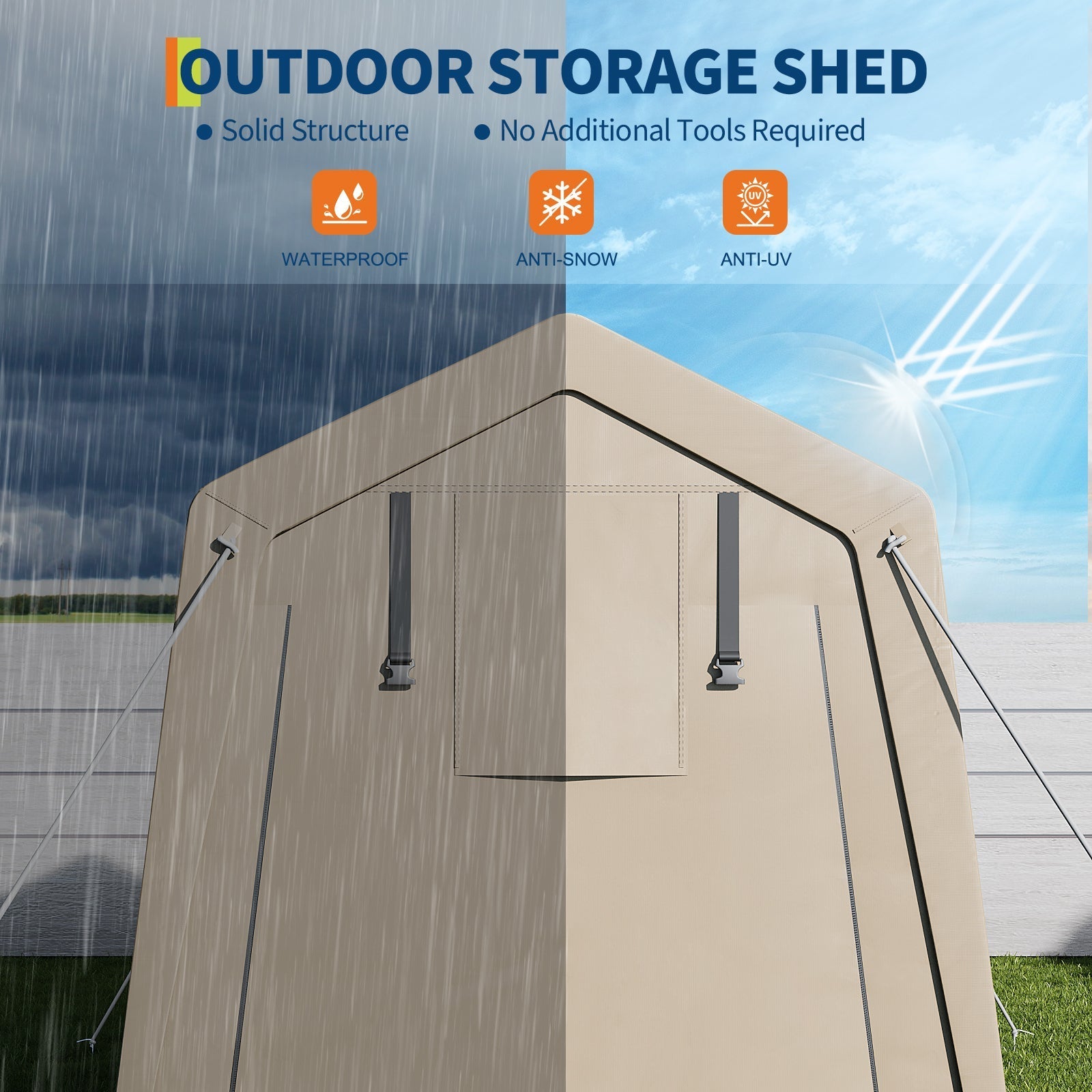 Garvee 7x10 FT Portable Outdoor Storage Shed – Dual Roll-Up Doors, Vents, Khaki Carport for Motorcycle & Tools