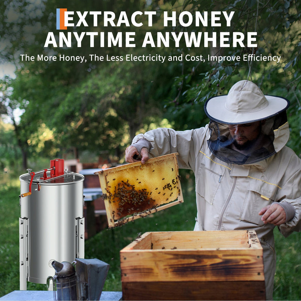 Garvee Upgraded 3 Frame Manual Honey Extractor with Side Handles, Food-Grade Stainless Steel Beekeeping Extractor with Adjustable Stand and Transparent Lid