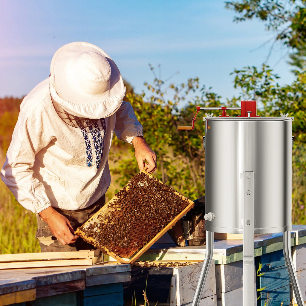 Garvee Upgraded 4 Frame Manual Honey Extractor with Side Handles, Food-Grade Stainless Steel Beekeeping Extractor with Adjustable Stand and Transparent Lid