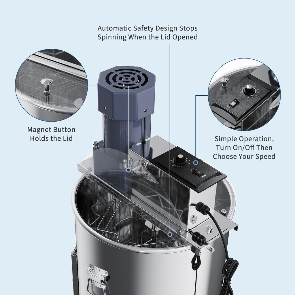 Garvee Upgraded 3 Frame Electric Honey Extractor with Side Handles, 140W Motor & Variable Speed 1300 RPM, Stainless Steel Beekeeping Equipment with Safety Auto-Stop Lid