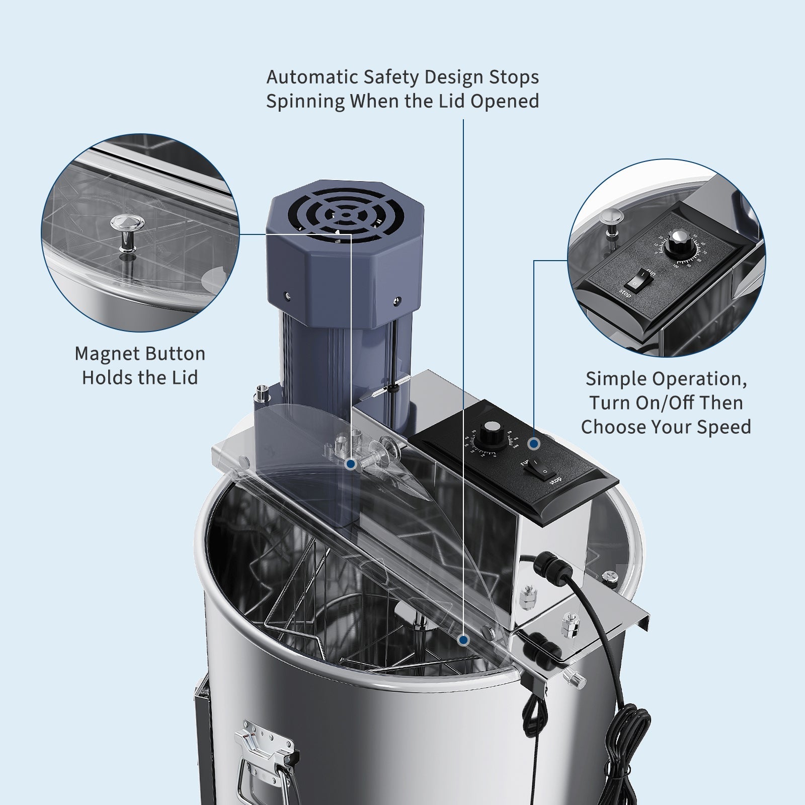 Garvee Upgraded 3 Frame Electric Honey Extractor with Side Handles, 140W Motor & Variable Speed 1300 RPM, Stainless Steel Beekeeping Equipment with Safety Auto-Stop Lid