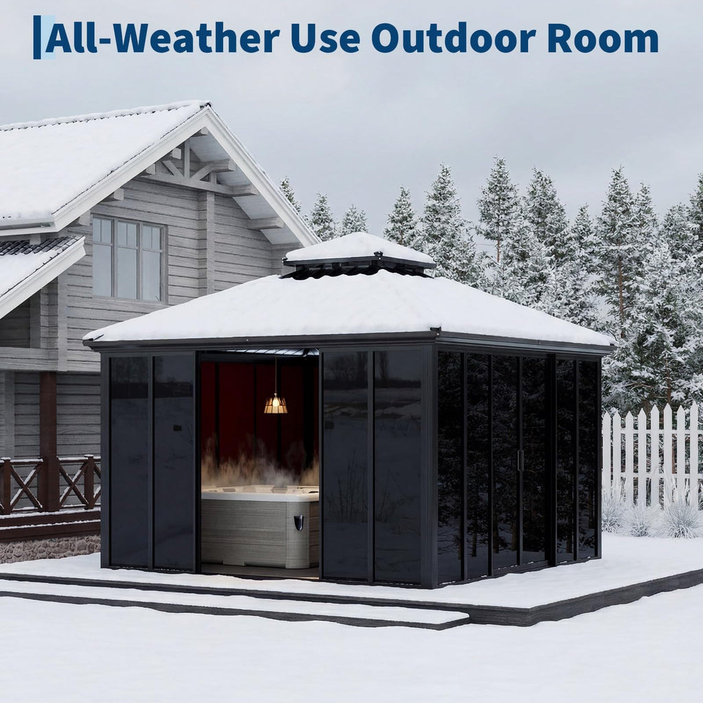 Garvee 12' x 12' Hardtop Gazebo Sunroom, Enclosed Gazebo with Sliding Doors & Screens, All-Aluminum Frame Outdoor Room for Patio, Backyard & Deck