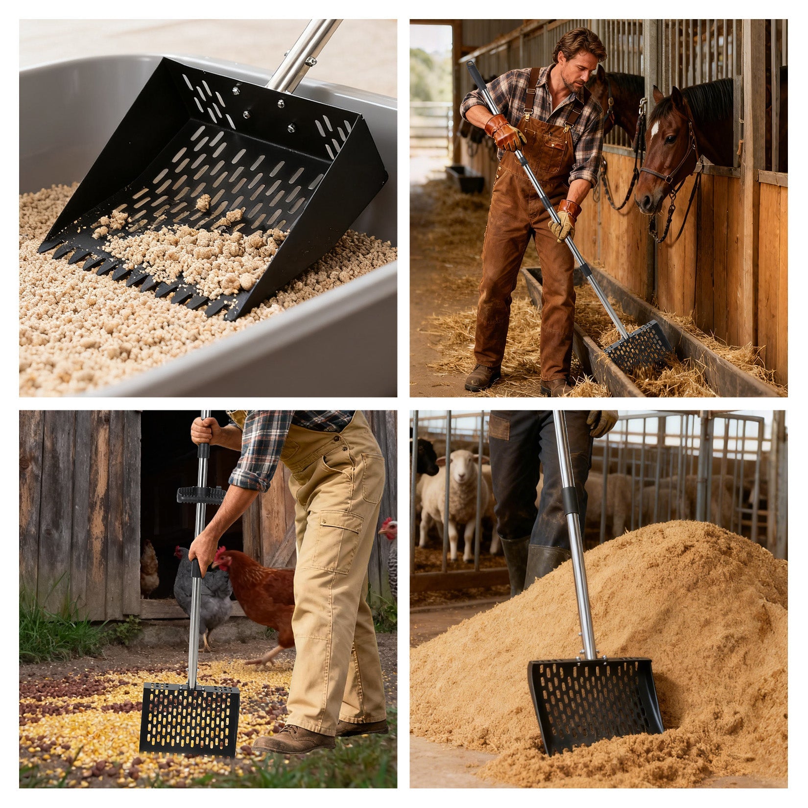 Garvee 9.8'' Chicken Poop Scooper and Rake, 2-in-1 Metal Chicken Coop Scoop with 24'' to 68.9'' Adjustable Stainless Steel Handle, Multifunctional Sifting Shovel for Coops and Small Farm Animals