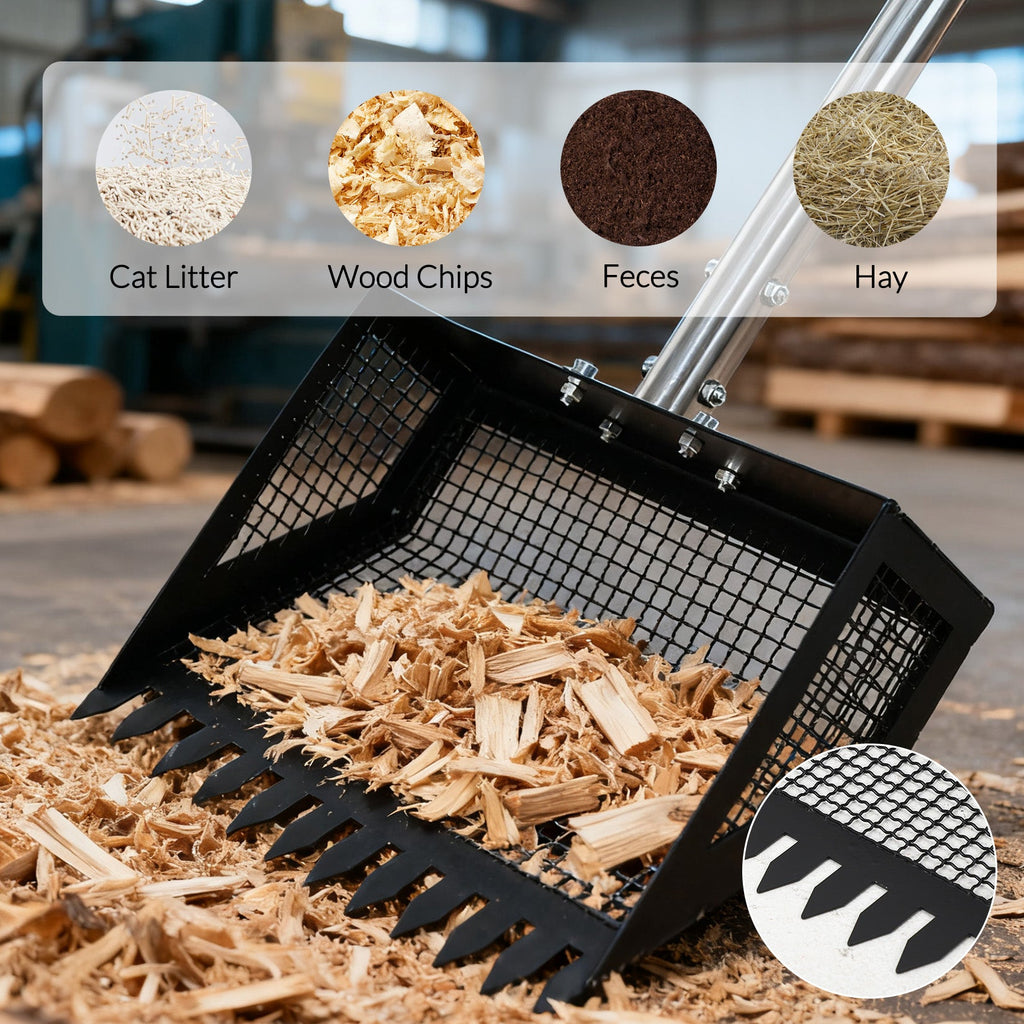 Garvee Chicken Poop Scooper and Rake 2-In-1, 15'' Wide Chicken Coop Scoop with 24'' - 68.8'' Adjustable Handle for Pet Waste Cleaning, Metal Sifting Shovel, Heavy Duty Cleaning Tools, Black