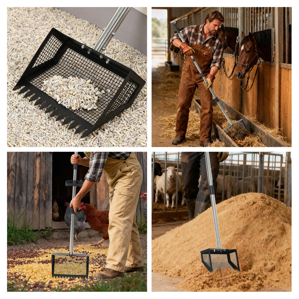 Garvee Chicken Poop Scooper and Rake 2-In-1, 15'' Wide Chicken Coop Scoop with 24'' - 68.8'' Adjustable Handle for Pet Waste Cleaning, Metal Sifting Shovel, Heavy Duty Cleaning Tools, Black