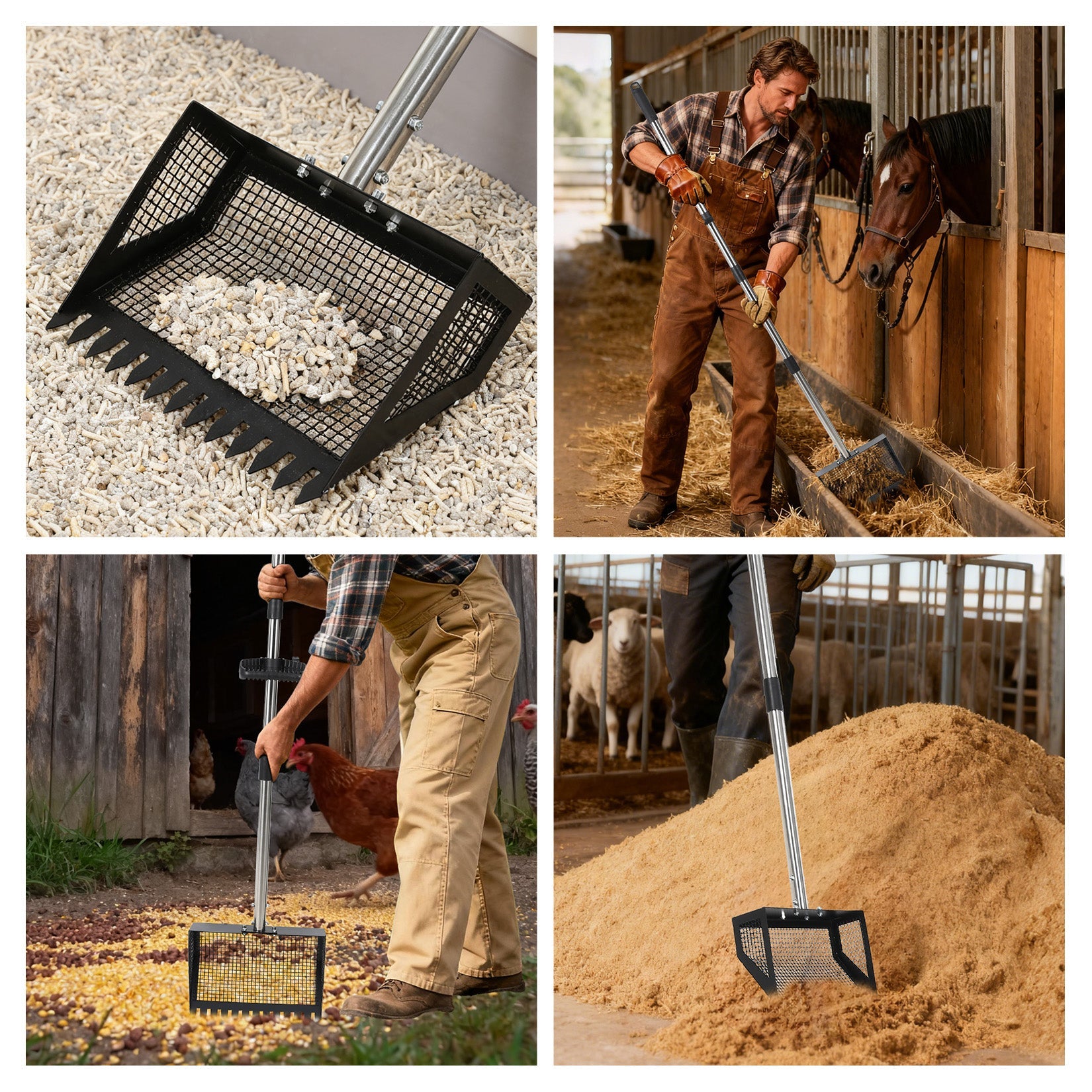 Garvee Chicken Poop Scooper and Rake 2-In-1, 15'' Wide Chicken Coop Scoop with 24'' - 68.8'' Adjustable Handle for Pet Waste Cleaning, Metal Sifting Shovel, Heavy Duty Cleaning Tools, Black