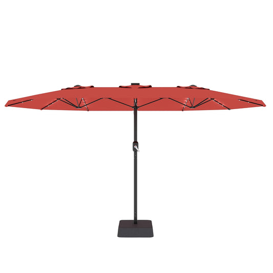 Garvee 15' Rectangular Patio Umbrella with Solar LED Lights & Base, Crank Handle UV-Resistant Outdoor Market Umbrella for Backyard, Pool & Patio, Red