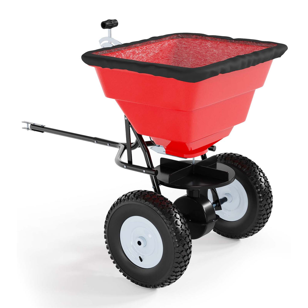 Garvee 85 lb Tow-Behind Broadcast Spreader with Adjustable Flow Control, 10-Inch Pneumatic Tires, Steel Frame & Universal Hitch for Seed, Fertilizer, Salt and Ice Melt, Red