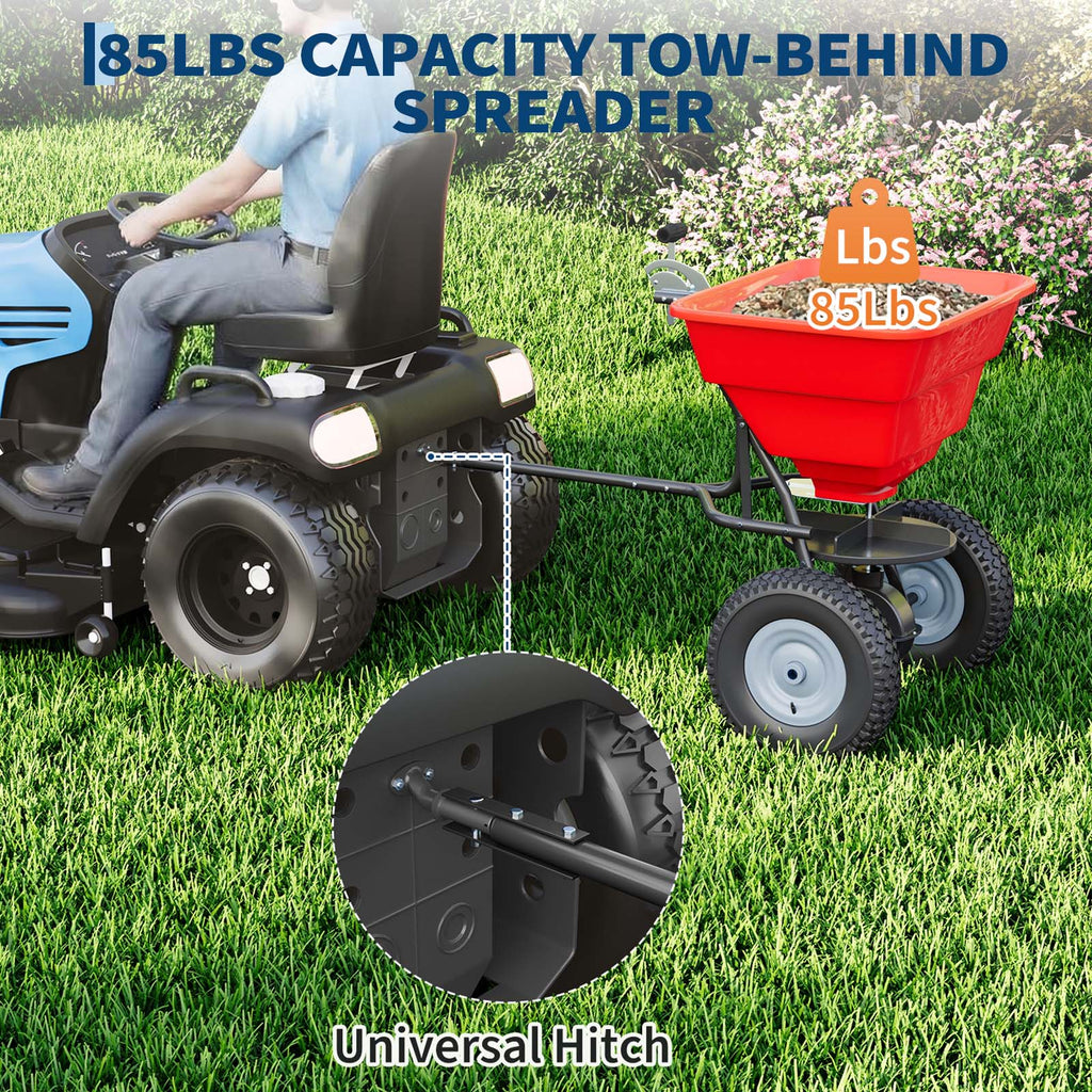 Garvee 85 lb Tow-Behind Broadcast Spreader with Adjustable Flow Control, 10-Inch Pneumatic Tires, Steel Frame & Universal Hitch for Seed, Fertilizer, Salt and Ice Melt, Red