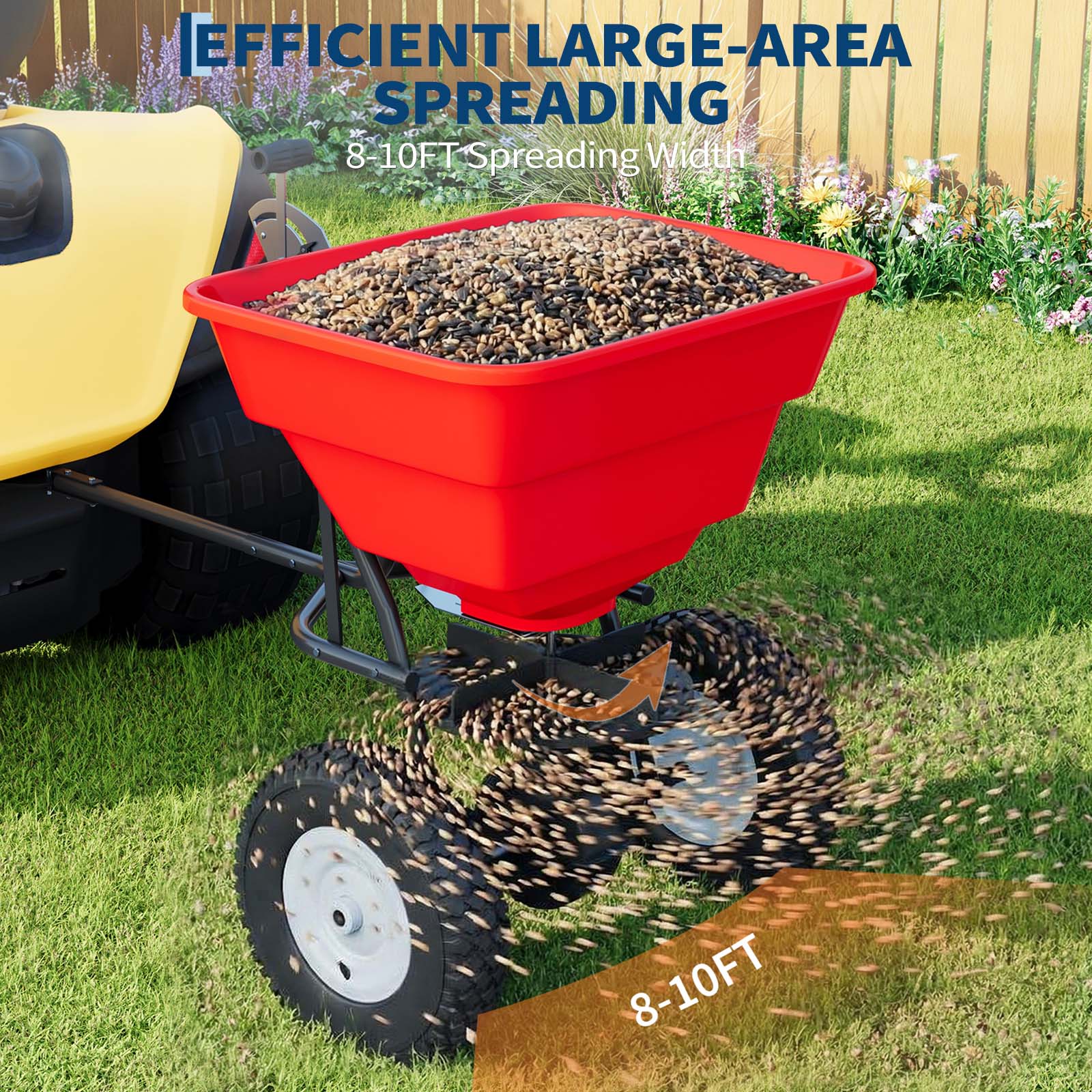 Garvee 85 lb Tow-Behind Broadcast Spreader with Adjustable Flow Control, 10-Inch Pneumatic Tires, Steel Frame & Universal Hitch for Seed, Fertilizer, Salt and Ice Melt, Red