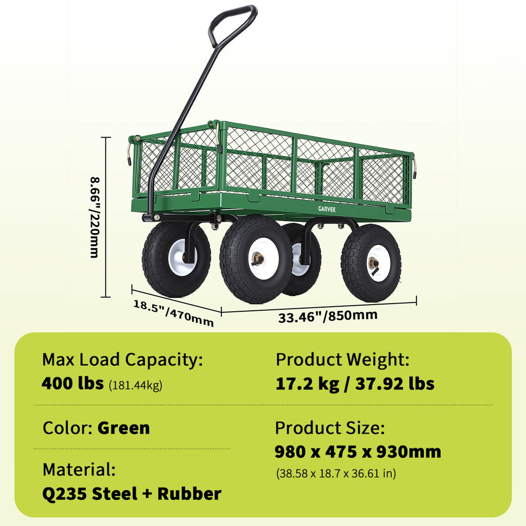 Garvee 400 lb Garden Cart Wagon, Heavy Duty Utility Cart with 10" Pneumatic Tires, Steel Frame, Removable Mesh Sides,Green