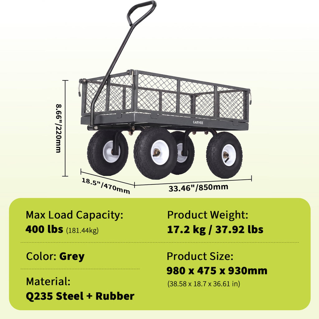 Garvee 400 lb Garden Cart Wagon, Heavy Duty Utility Yard Cart with 10" Pneumatic Tires, Removable Mesh Sides, Easy Maneuver, Gray